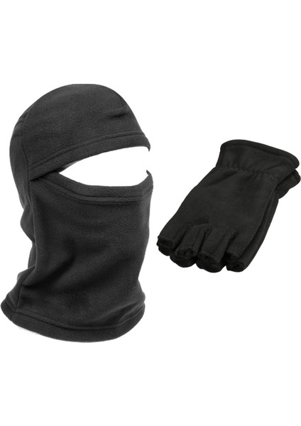 Unisex Siyah Parmaksız Kesik Yarım Parmak Kışlık Termal Polar Eldiven - Polar Kar Maskesi 2'li Set