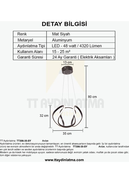 TT306-35-SY Tt Aydınlatma Kavis Modeli Mat Siyah LED Avize