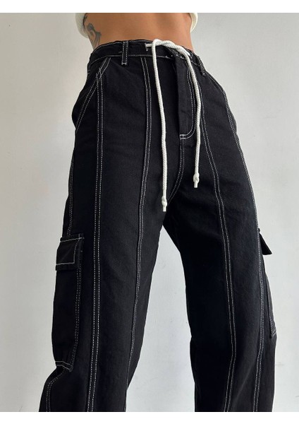 Kadın Siyah Kargo Cep Line Palazzo Jean Denim Pantolon fiyatları