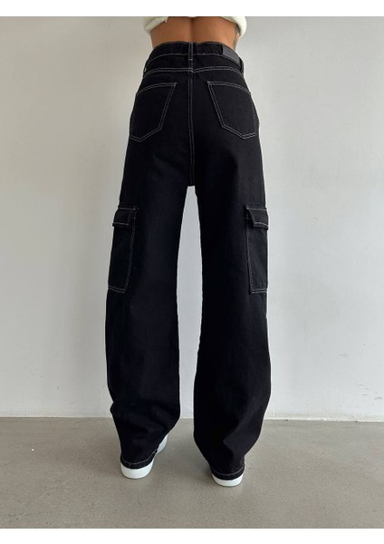 Kadın Siyah Kargo Cep Line Palazzo Jean Denim Pantolon modelleri