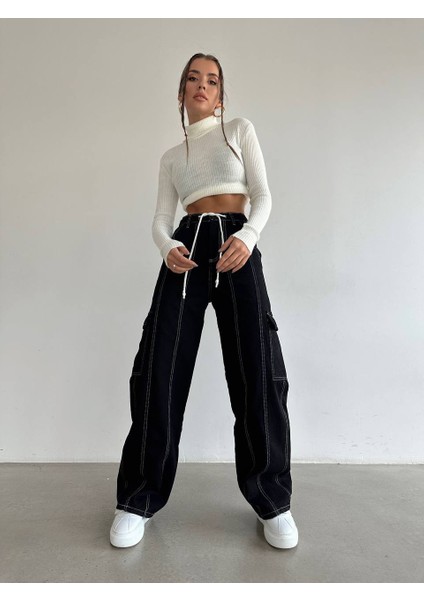 Kadın Siyah Kargo Cep Line Palazzo Jean Denim Pantolon fırsatları