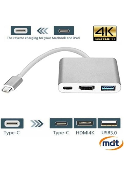 3'in 1 Type-C To HDMI 4K USB 3.0 Dönüştürücü Adaptör Macbook, Pro 2015 2016 2017 Samsung S8 S9 S10