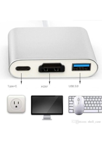 3'in 1 Type-C To HDMI 4K USB 3.0 Dönüştürücü Adaptör Macbook, Pro 2015 2016 2017 Samsung S8 S9 S10