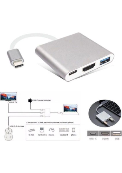 3'in 1 Type-C To HDMI 4K USB 3.0 Dönüştürücü Adaptör Macbook, Pro 2015 2016 2017 Samsung S8 S9 S10