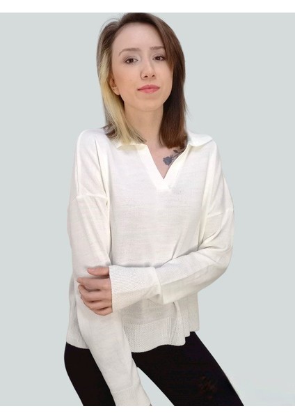 V Polo Yaka Triko Kazak Ekru Renk Standart Beden