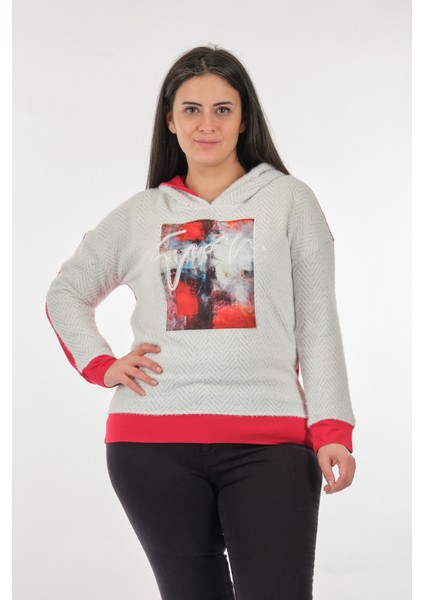 Daıdo Kapüşonlu Büyük Beden Kırmızı Kadın Sweatshirt 22200433