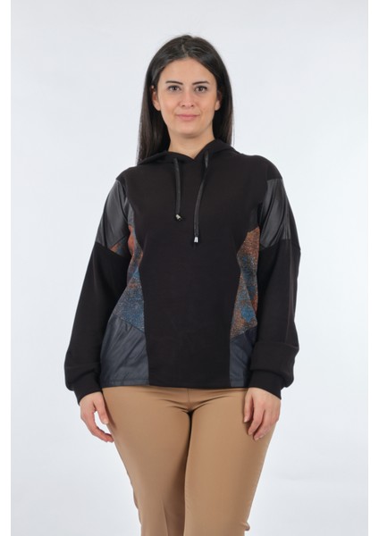 Oversize Kapüşonlu Kadın Sweatshirt - Deri Detaylı Günlük