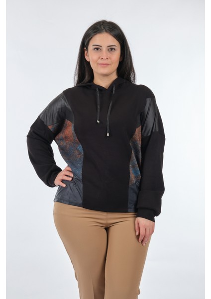 Oversize Kapüşonlu Kadın Sweatshirt - Deri Detaylı Günlük fırsatları