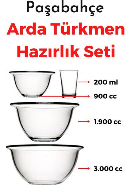 4 Parça Arda Türkmen Hazırlık Seti 3 Boy Hazırlık Kase + 1 Ölçü Bardağı