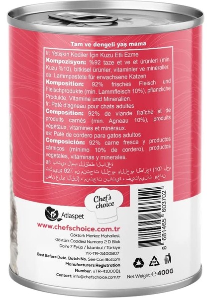 Chef's Choice 's Kedi Maması Konservesi, Kuzu Etli, Tahılsız, Pate, Yetişkin, 400 G