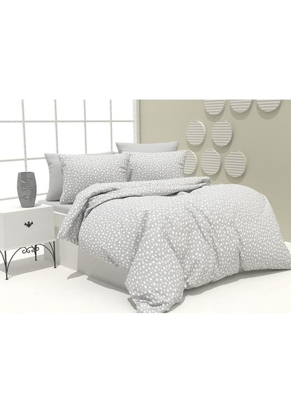 Lastikli Çarşaflı Ranforce Pamuk Nevresim Takımı Tek Kişilik Gri Yıldız