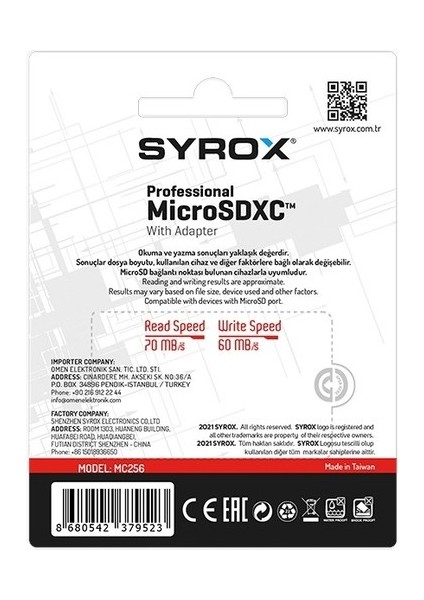 256 GB Micro Sd Hafıza Kartı - SYX-MC256 modelleri