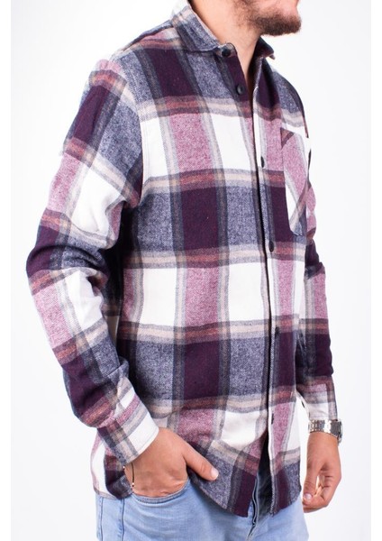 DMG23-194635 Bordo Günlük Tek Cep Ekose Oduncu Oversize Erkek Gömlek
