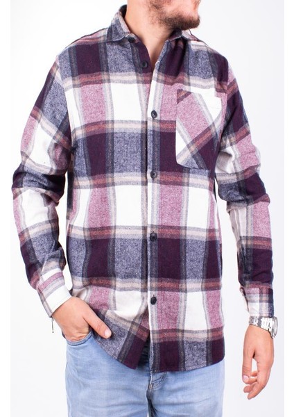DMG23-194635 Bordo Günlük Tek Cep Ekose Oduncu Oversize Erkek Gömlek