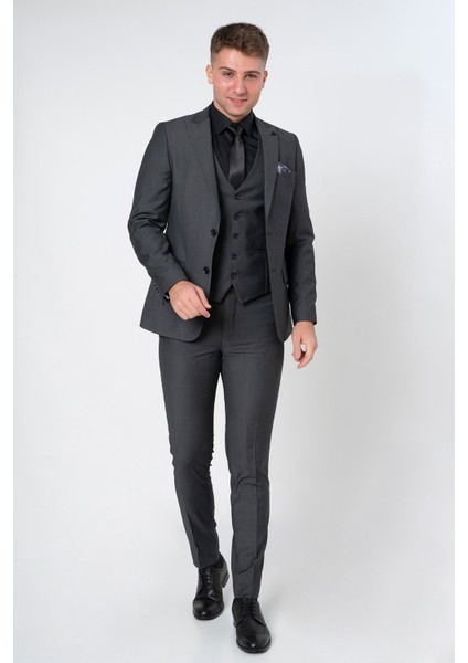 Utrecht TY121 Extra Slim Fit Yelekli 6 Drop Düz Takım Elbise Füme