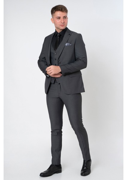 Utrecht TY121 Extra Slim Fit Yelekli 6 Drop Düz Takım Elbise Füme