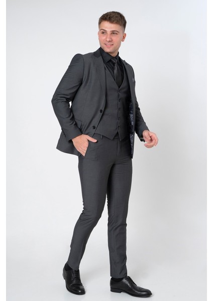 Utrecht TY121 Extra Slim Fit Yelekli 6 Drop Düz Takım Elbise Füme