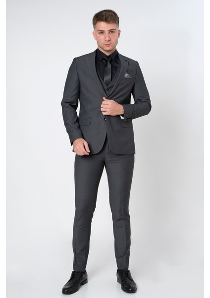 Utrecht TY121 Extra Slim Fit Yelekli 6 Drop Düz Takım Elbise Füme