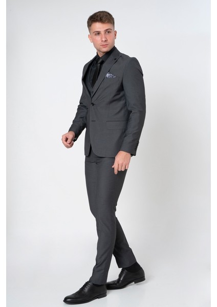Utrecht TY121 Extra Slim Fit Yelekli 6 Drop Düz Takım Elbise Füme