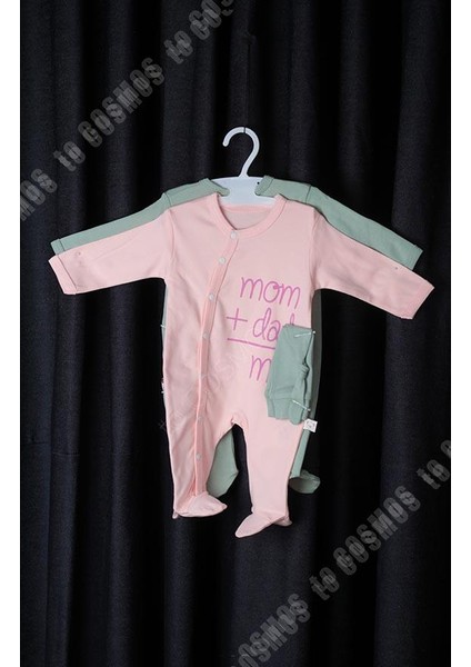 Cosmos Bebek Mom Dad+ Me Baskılı Toz Pembe Bebek Tulum + Şapka 0-3 Ay