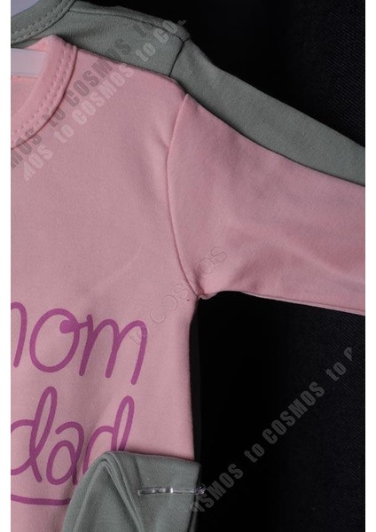 Cosmos Bebek Mom Dad+ Me Baskılı Toz Pembe Bebek Tulum + Şapka 0-3 Ay