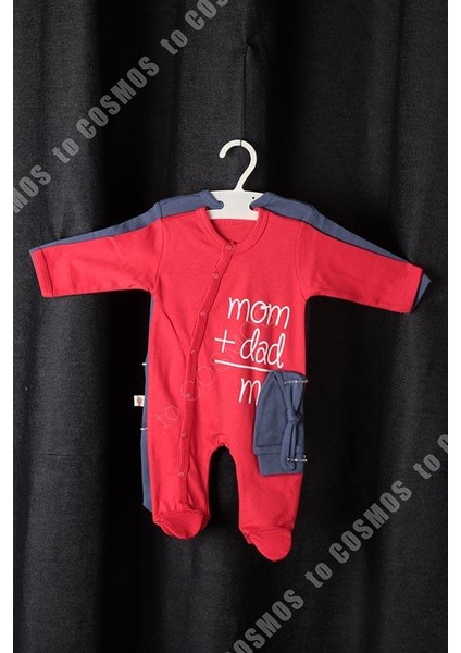 Cosmos Bebek Mom Dad+ Me Baskılı Kırmızı Beyaz Bebek Tulum + Şapka 0-3 Ay