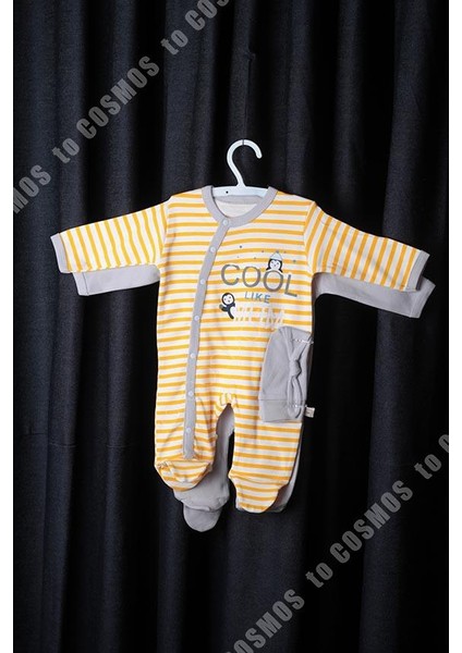 Cosmos Cool Baskılı Sarı Beyaz Bebek Tulum + Şapka 0-3 Ay