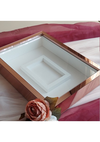 30 x 40 cm Ledli Rose Pleksi Kaplı Fotoğraf Bölümlü Tasarım Gül Kutusu Anı Çerçevesi! Ayna Çerçeve!