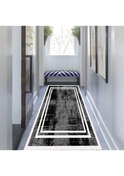 Siyah Zemin Beyaz Şerit Özel Süngerli Yüzey Kaymaz Taban Yolluk / Halı fiyatları