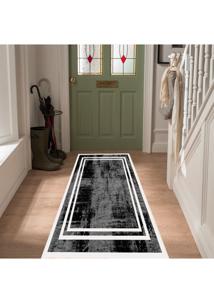 Siyah Zemin Beyaz Şerit Özel Süngerli Yüzey Kaymaz Taban Yolluk / Halı fırsatları