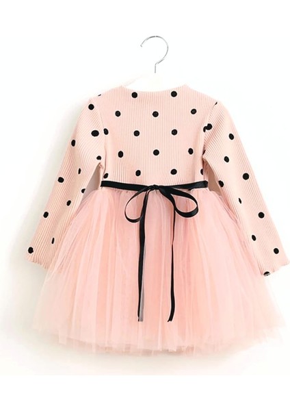 Linda Kız Bebek Çocuk Elbise Puantiyeli Uzun Kol Esnek Likralı Somon