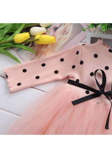 Linda Kız Bebek Çocuk Elbise Puantiyeli Uzun Kol Esnek Likralı Somon modelleri