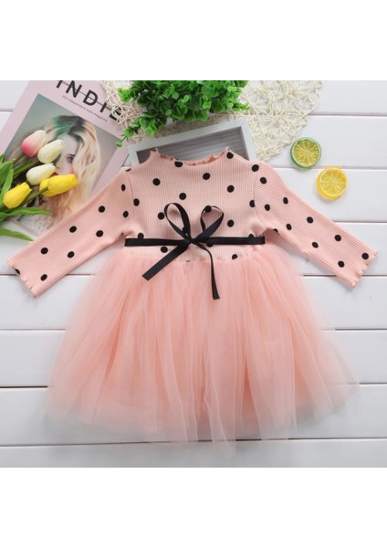 Linda Kız Bebek Çocuk Elbise Puantiyeli Uzun Kol Esnek Likralı Somon fırsatları