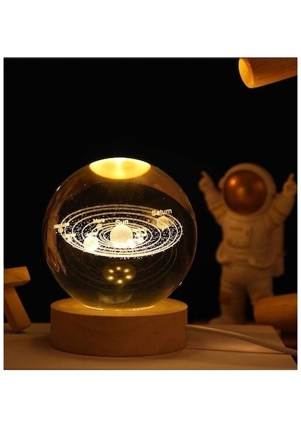 Dekoratif Gezegen Tasarımlı Ahşap Altlıklı Işıklı Cam Küre