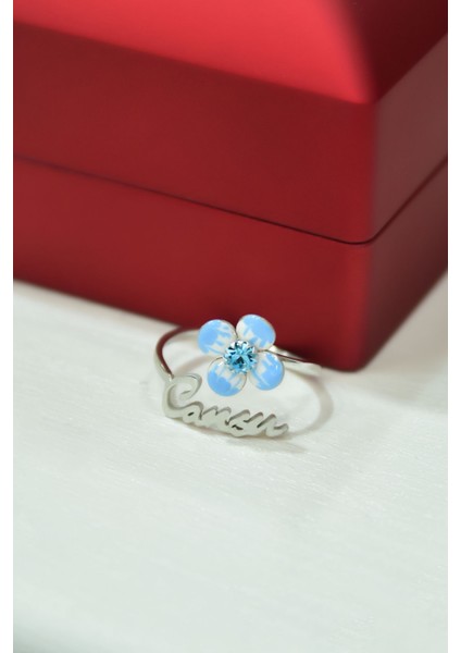 925 Ayar Gümüş Rodyum Kaplama Isimli Doğum Taşı Mavi Mineli Yonca Yüzük