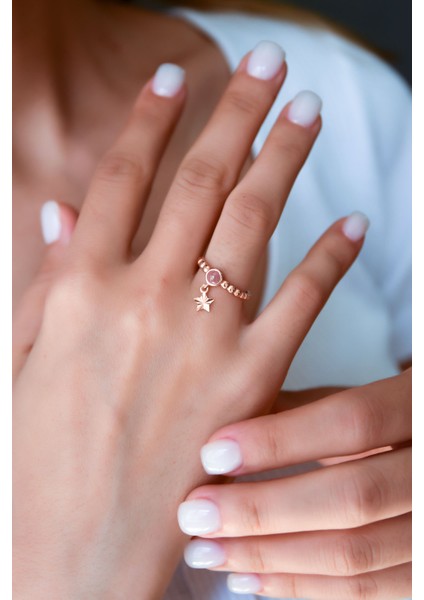 925 Ayar Gümüş Pembe Ay Taşlı Yıldız Motifli Ayarlanabilir Kadın Yüzük