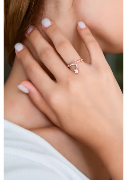 925 Ayar Gümüş Pembe Ay Taşlı Yıldız Motifli Ayarlanabilir Kadın Yüzük fiyatları