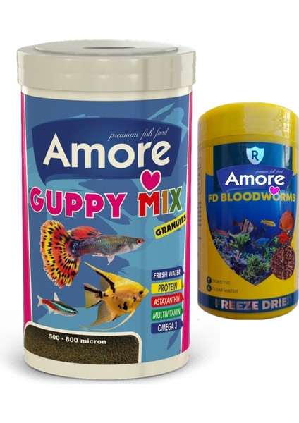 Guppy Mix Granules 250ML ve Bloodworms 100ML Tropikal Balık Yemi
