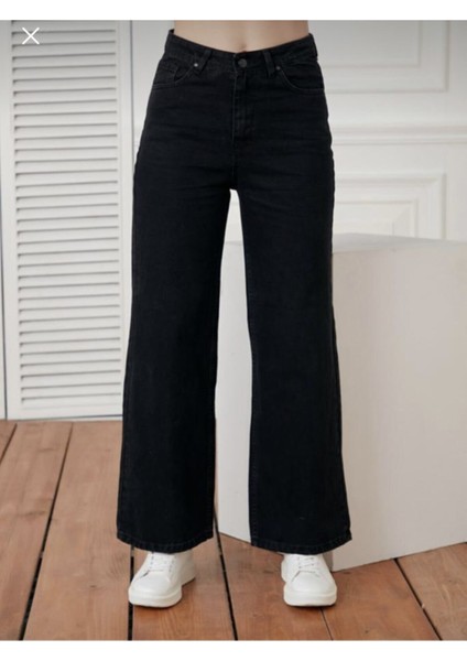 Kadın Siyah Yüksek Bel Geniş Paça Wide Leg Kot Pantolon