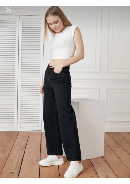 Kadın Siyah Yüksek Bel Geniş Paça Wide Leg Kot Pantolon