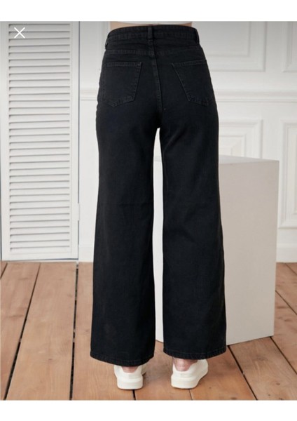Kadın Siyah Yüksek Bel Geniş Paça Wide Leg Kot Pantolon