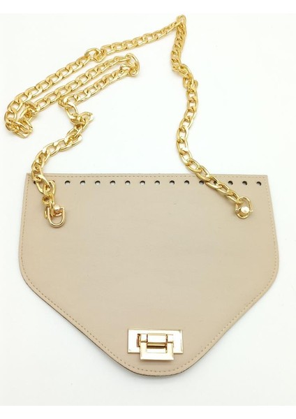 Koyu Bej Renk Suni Deri 100 cm Zincirli 22.5X18 cm Kapak Light Gold Metal
