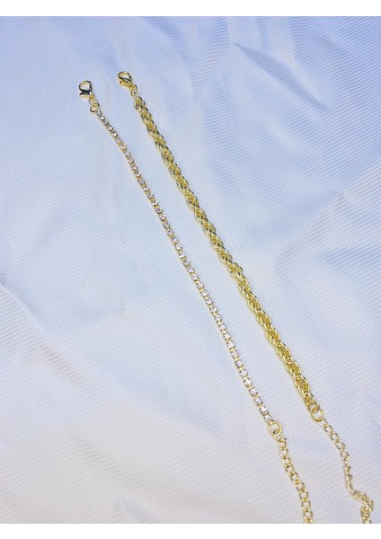 Kadın Altın Kaplama Ikili Zincir Kombin Bileklik Seti