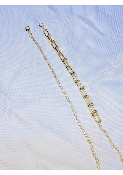 Kadın Altın Kaplama Ikili Zincir Kombin Bileklik Seti