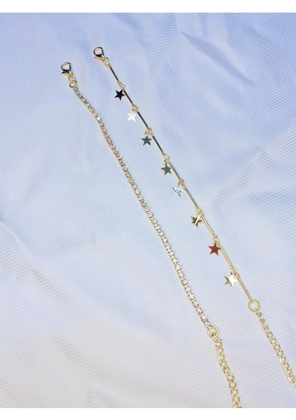 Kadın Altın Kaplama Ikili Zincir Kombin Bileklik Seti