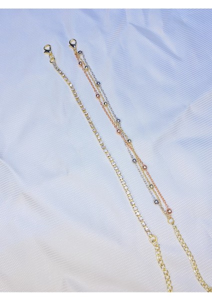 Kadın Altın Kaplama Ikili Zincir Kombin Bileklik Seti