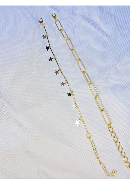 Kadın Altın Kaplama Ikili Zincir Kombin Bileklik Seti