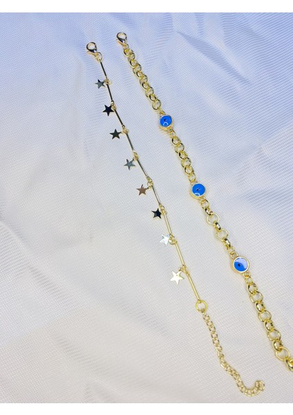 Kadın Altın Kaplama Ikili Zincir Kombin Bileklik Seti