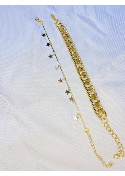 Kadın Altın Kaplama Ikili Zincir Kombin Bileklik Seti