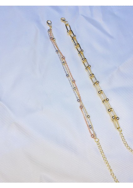 Kadın Altın Kaplama Ikili Zincir Kombin Bileklik Seti